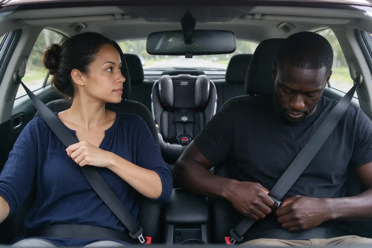 The mother in the driver's seat pulling her own seat belt across her chest, eyes on the rearview mirror where the rear-facing seat is visible, the father buckling in beside her.