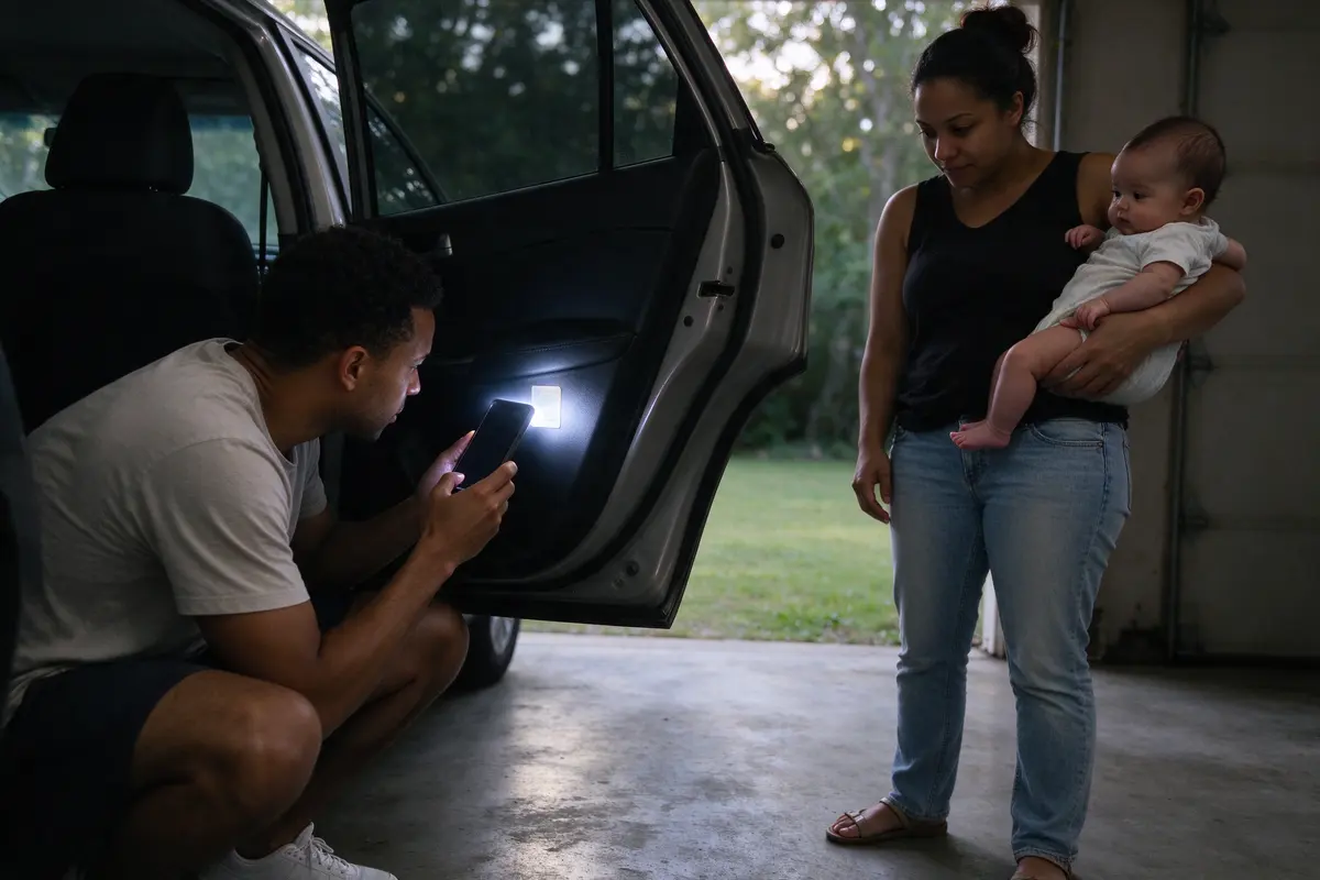 The father crouched at the open car door with a phone flashlight on the sticker on the car seat's side, the mother holding the baby on her hip in the shade of the garage.