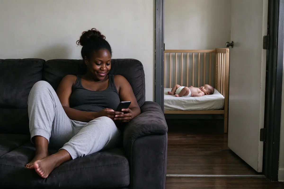 The mother alone on the sofa with her feet up, scrolling her phone with a small smile, the baby asleep on their back in a bare crib in the next room through an open door.