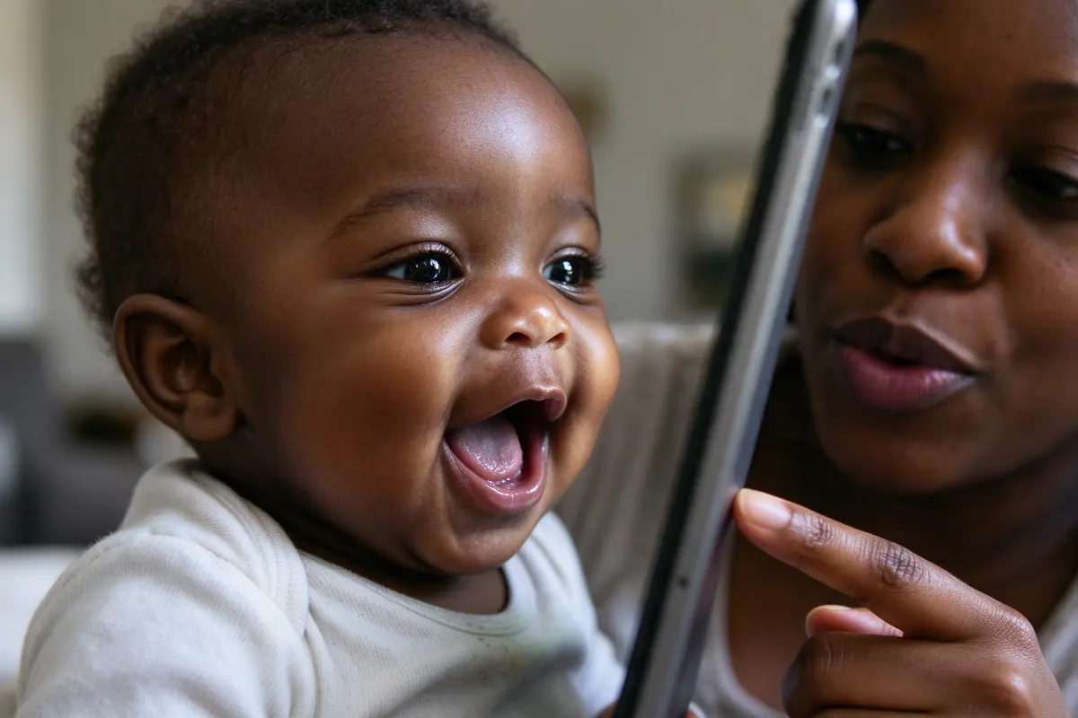 Close on the baby's face lit by the tablet, mouth open mid-squeal, the mother's hand pointing at the screen and her lips forming a name.