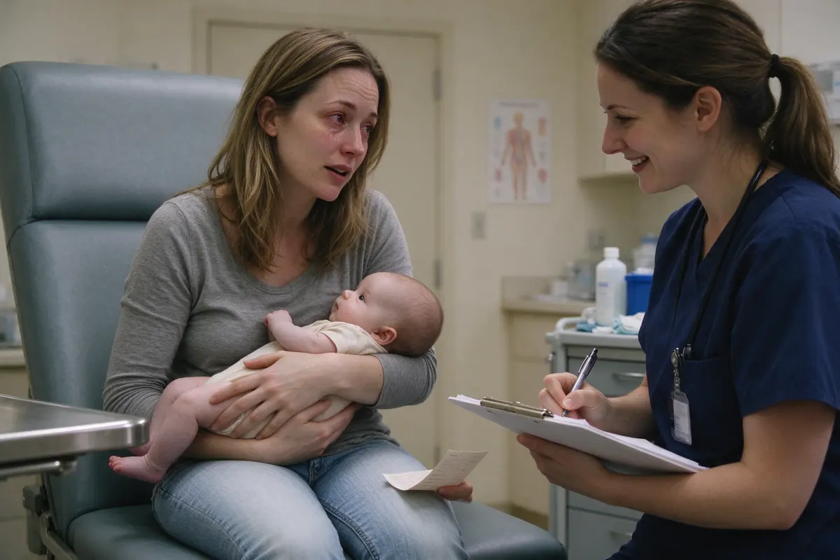 The mother in a pediatric exam room holding the baby on her lap, looking straight at a nurse with a clipboard, her face tired and open, the folded list in her other hand.