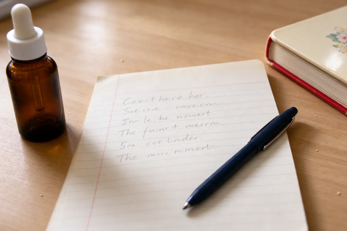 Close on the notepad with five numbered lines in handwriting, a pen across it, a vitamin D dropper bottle and a board book at the edge of the frame.