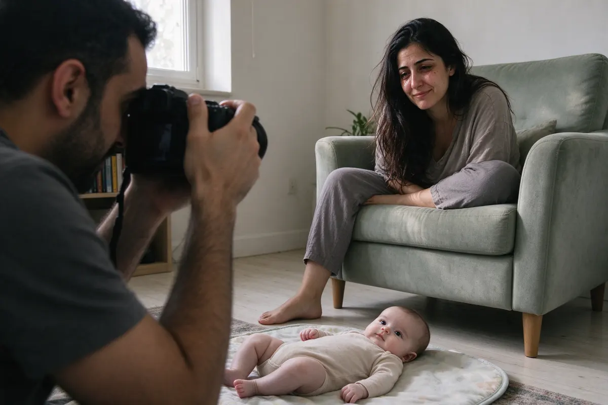 The father photographing the mother alone in the armchair, her hair loose and her face tired and amused, the baby on a play mat on the floor between them watching the camera.