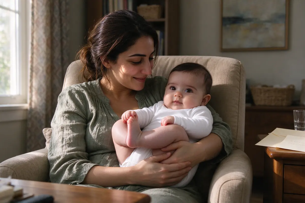 The same armchair from the day-one photo, the baby now propped sitting against the mother's chest and grabbing their own foot, a handwritten letter and envelope on the side table.