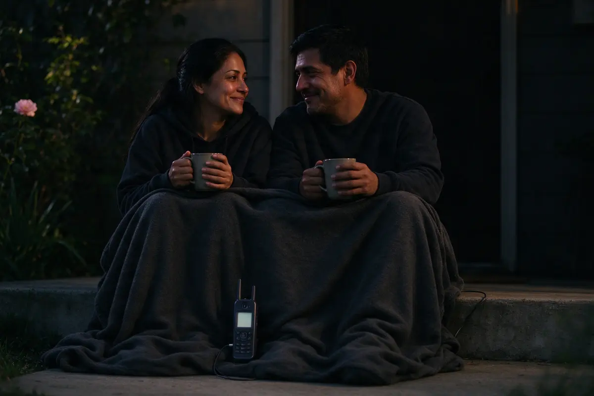 The mother and father on the back step at dusk sharing one blanket, two mugs, the baby monitor between them, the house dark behind them.