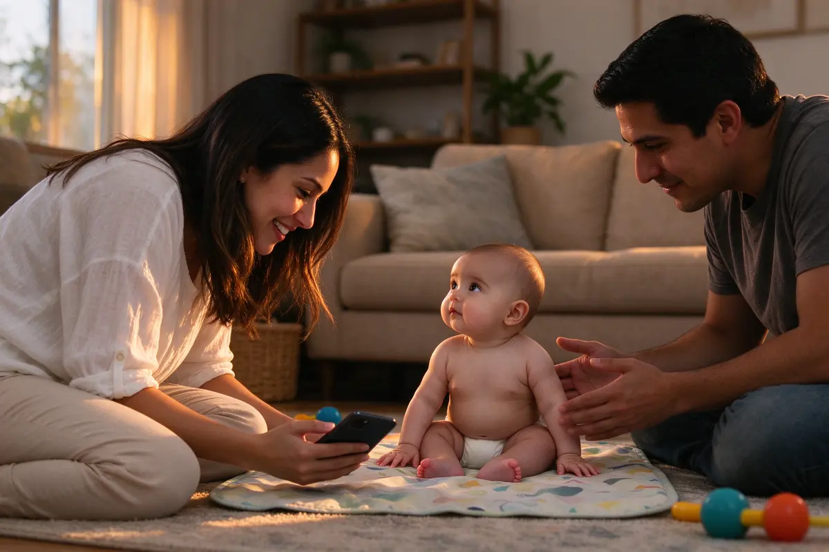 The mother holding her phone sideways low to the rug, the baby tripod-sitting on the mat with both palms flat and head up, the father's hands hovering an inch from the baby's sides.