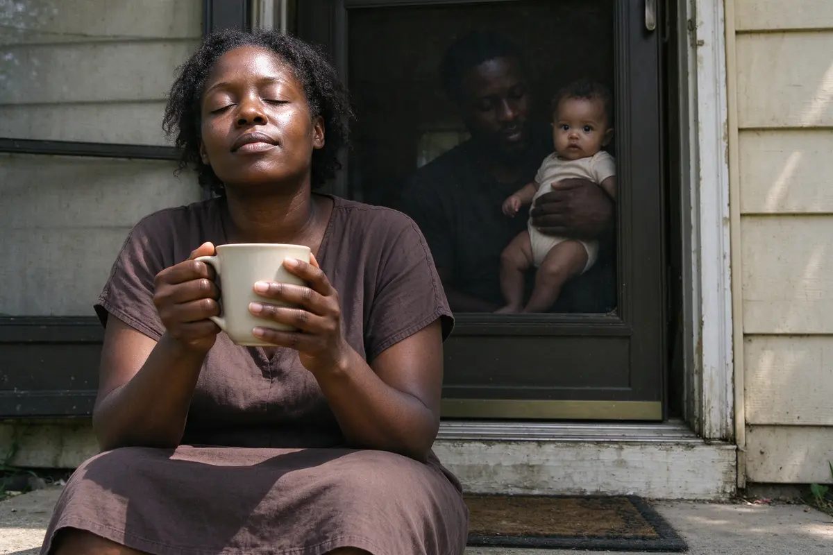 The mother alone on the back step with a mug in both hands and her eyes closed in the sun, the father visible through the screen door with the baby on his hip.