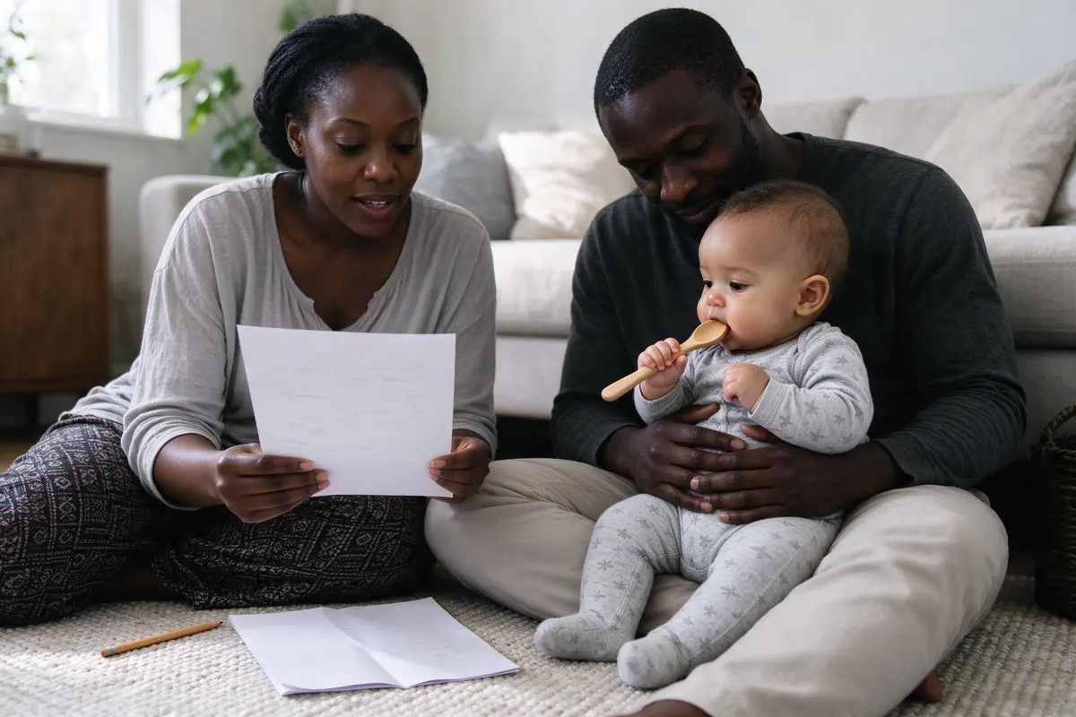 The mother reading the printed list aloud with a pencil, the father beside her with the baby sitting on his lap chewing a wooden spoon, the clinic printout from last week underneath.