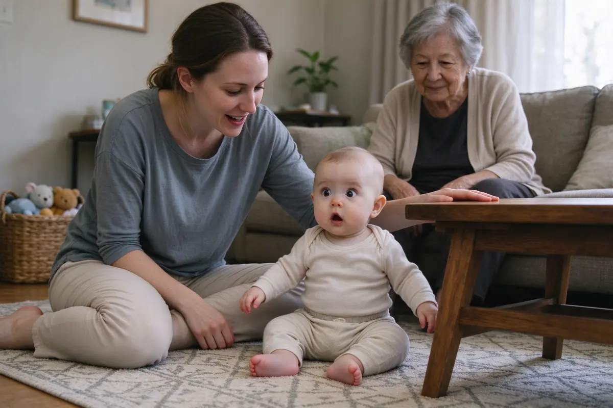 The mother sitting cross-legged on the rug beside the table rather than bending over it, one hand resting on the table edge, the baby sitting down on their bottom with a surprised face.