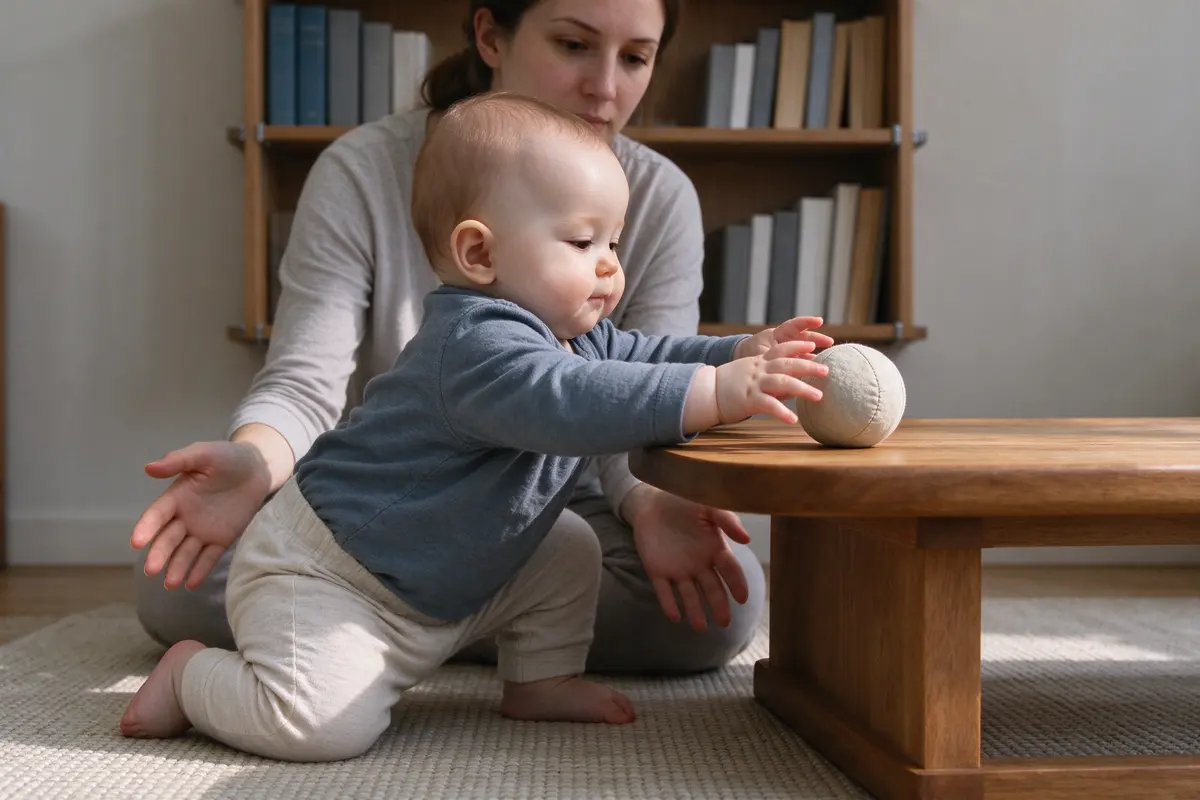 The baby on one knee and one foot at the low table, reaching for a cloth ball set on top, the mother's open hands an inch behind the hips, an anchored bookcase visible behind.