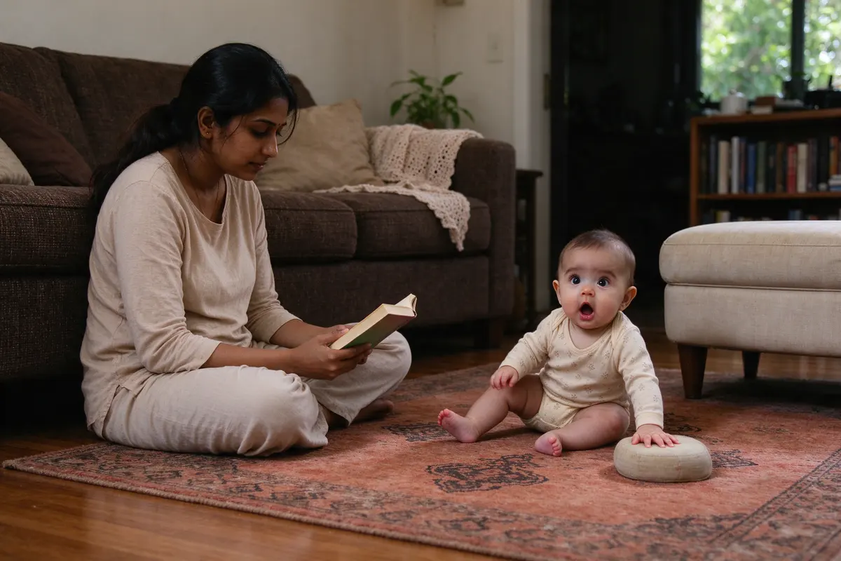 The mother sitting on the rug with her back against the sofa reading, the baby a few feet away sitting after a plop onto the rug, one hand still on a low padded ottoman.