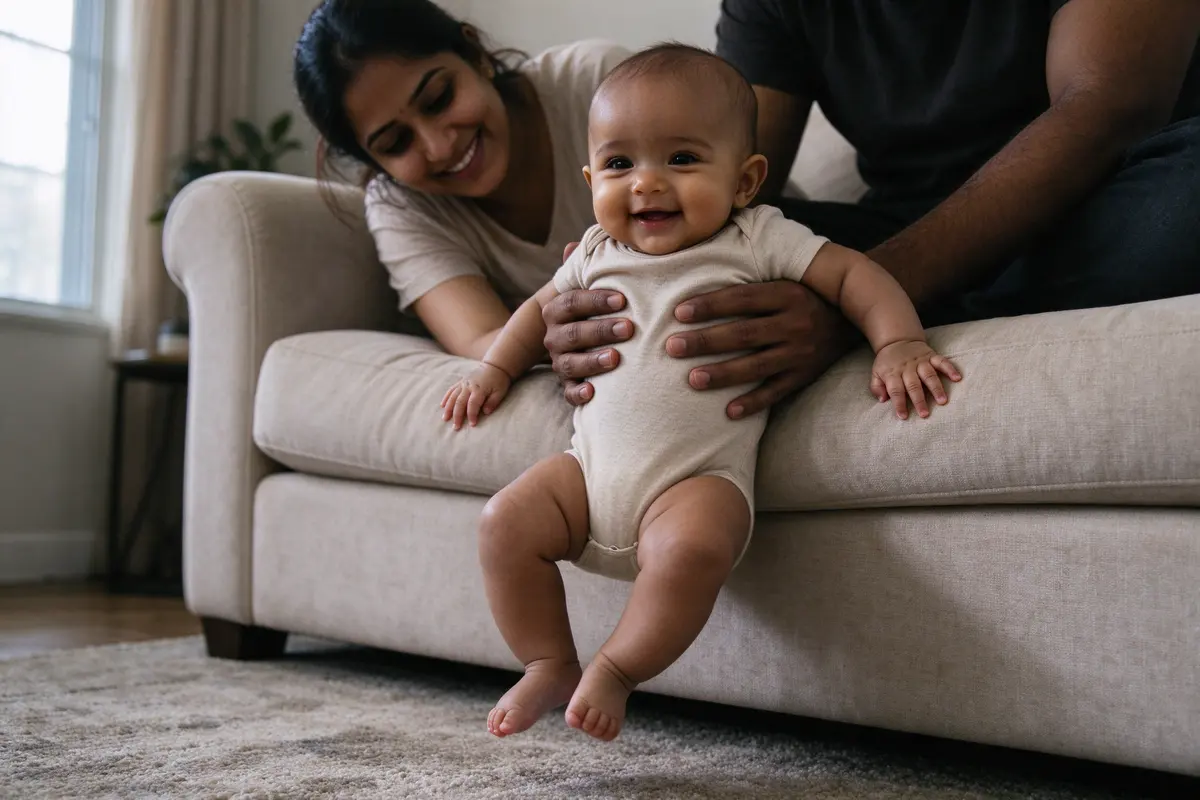 The father's hands under the baby's arms as the knees bend halfway to the rug, the baby's hands still on the sofa cushion, the mother leaning over the arm of the sofa smiling.