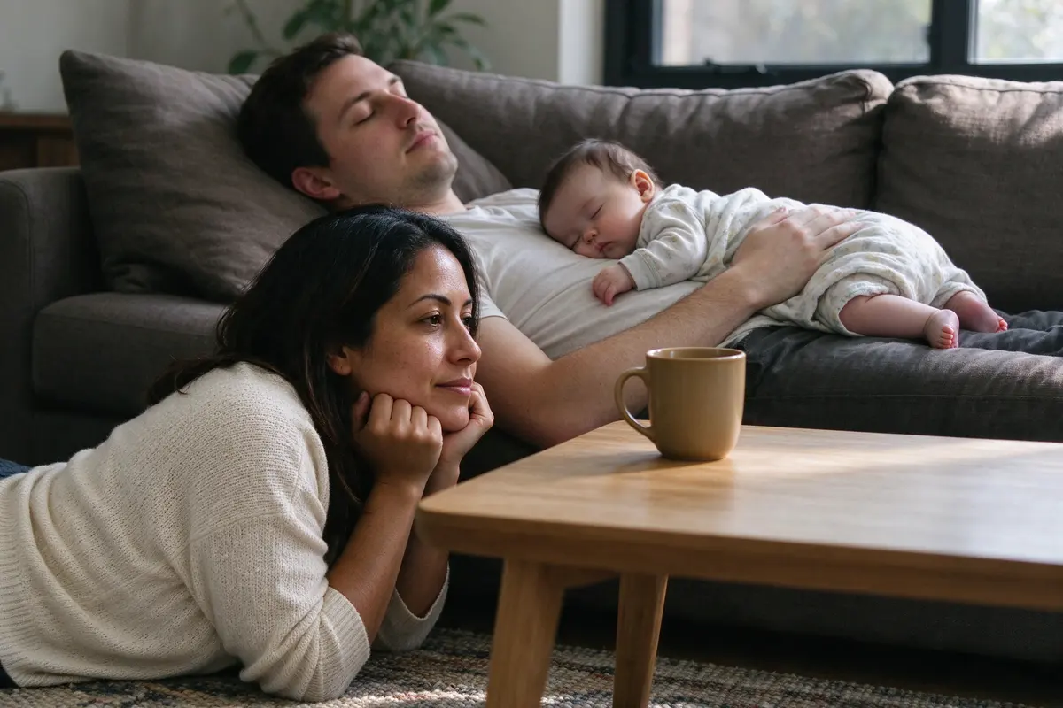 The mother lying on her stomach on the rug with her chin on her hands, eye level with the coffee table edge, a mug she's moved to the center of the table, the baby asleep on the father behind.