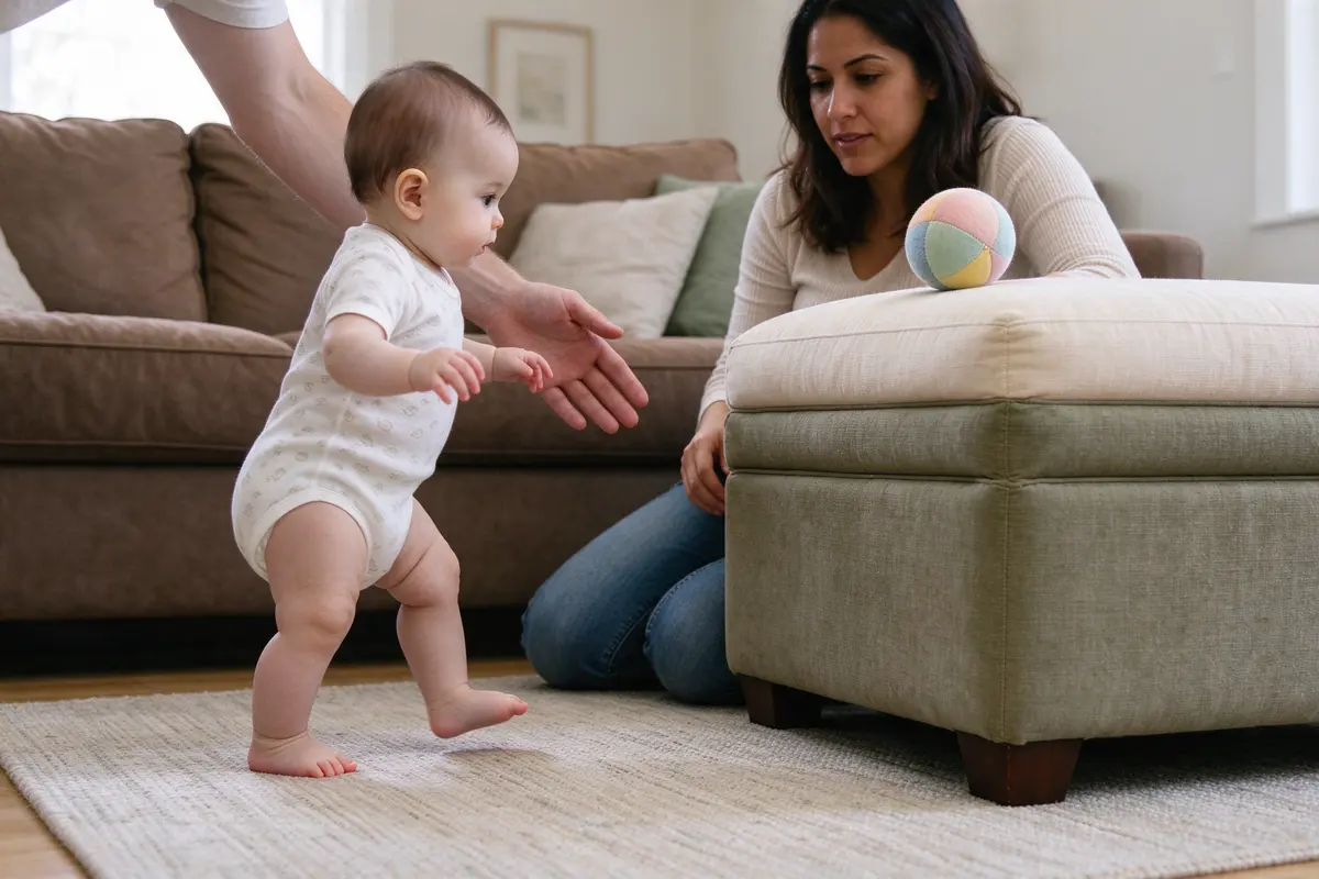 The baby mid-step along the sofa toward a sturdy padded ottoman pushed against its end, a soft ball on the ottoman, the father's hand resting near the gap, a rug under everything.