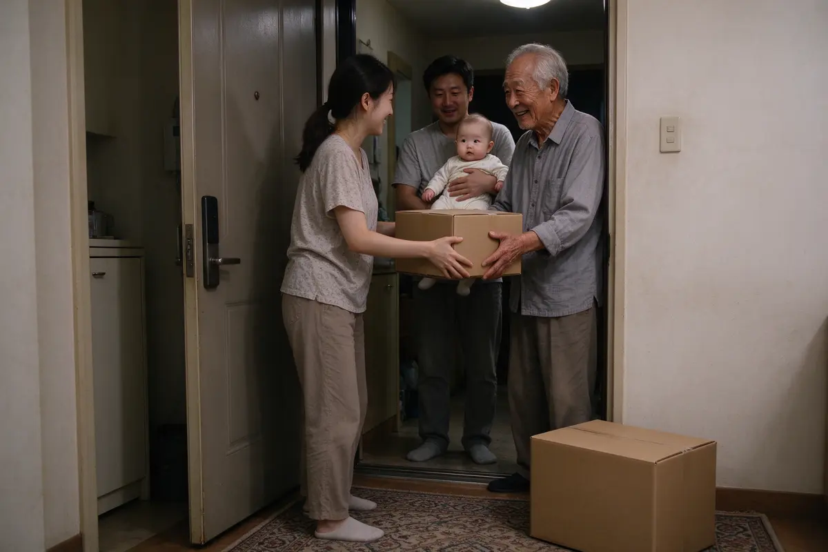 The mother at the apartment door in the evening handing a still-boxed baby walker back to a smiling grandfather, the baby on the father's hip behind her and the diaper box on the rug.