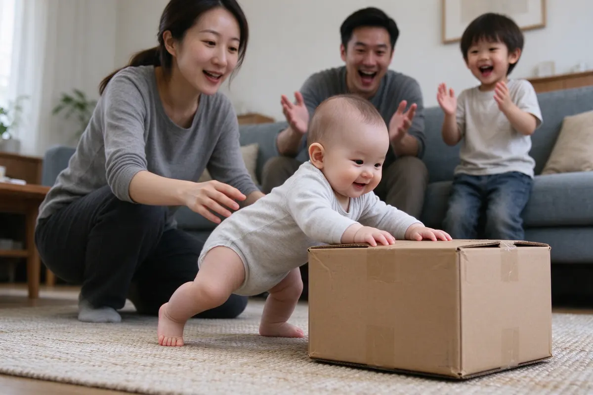 The baby leaning into the box mid-push, one foot forward, the mother crouched alongside with a hand hovering near the small of their back, the father and a preschool sibling cheering from the sofa.