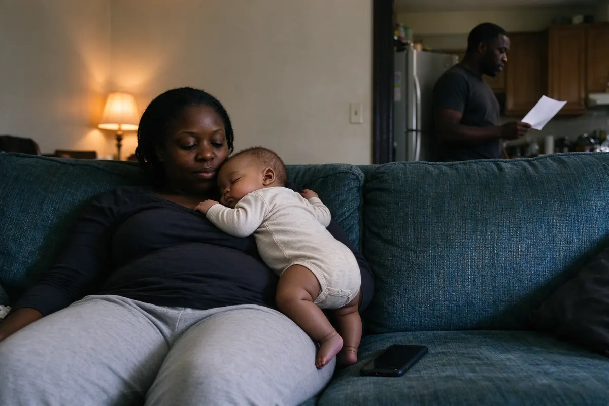 The mother on the sofa with her phone face down beside her and a group-chat notification ignored, the baby asleep on her chest, the father reading the fridge page from the doorway.