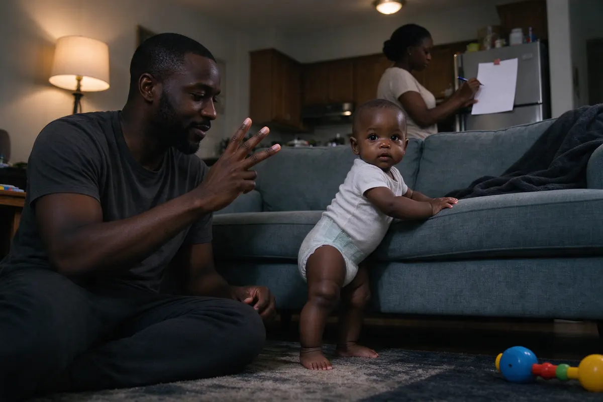 The father counting on his fingers, three up, as the baby stands at the sofa with knees bent, the mother writing a number and a date on a page stuck to the fridge in the kitchen behind.