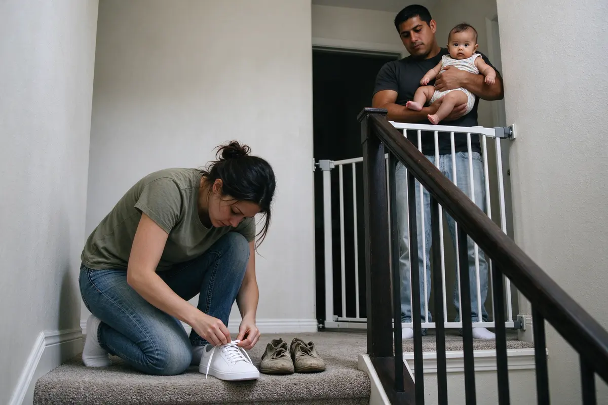 The mother lacing a new pair of flat sneakers at the bottom of the stairs, a worn pair beside them, the father above on the landing with the baby on his hip and the stair gate open behind him.