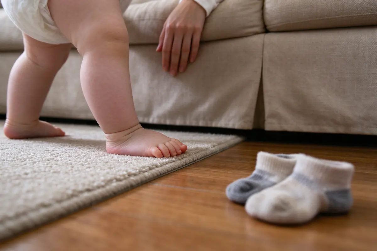 Close on the baby's bare feet gripping the edge of a rug where it meets wood floor, one foot shuffling sideways along the sofa, the mother's hand on the cushion above, a pair of socks on the floor.