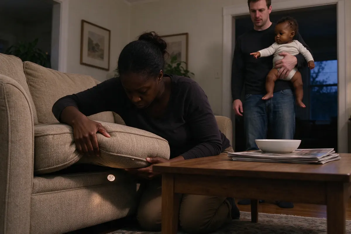 The mother on her knees in the living room at dusk lifting a sofa cushion and finding a coin, the coffee table cleared to its center, the baby on the father's hip in the doorway pointing at her.