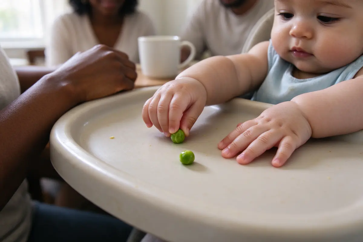 Close on the high-chair tray: one green pea alone on it, the baby's thumb and pointer finger closing on it, the other hand splayed flat, the white father's mug far from the table edge.