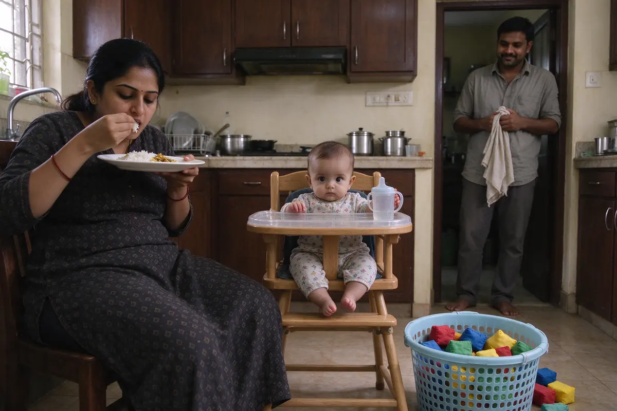 The mother sitting back in her chair with her own plate, eating, the basket full and the baby peering over the tray edge at it, the father in the doorway with a dish towel, not fetching.