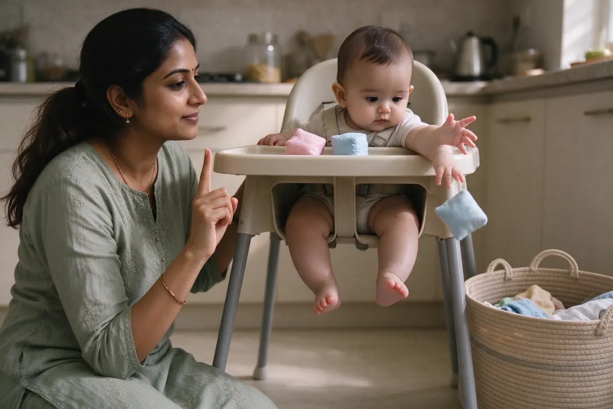 A laundry basket on the floor beside the high chair with two soft blocks already in it, the baby releasing a third over the edge with an open hand, the mother holding up one finger and counting.