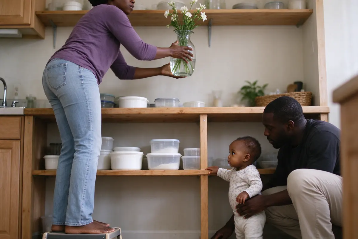 The mother on a step stool moving a glass vase from a low shelf to a high one, the low shelf now holding plastic containers, the baby standing at the shelf edge below with a hand on it.
