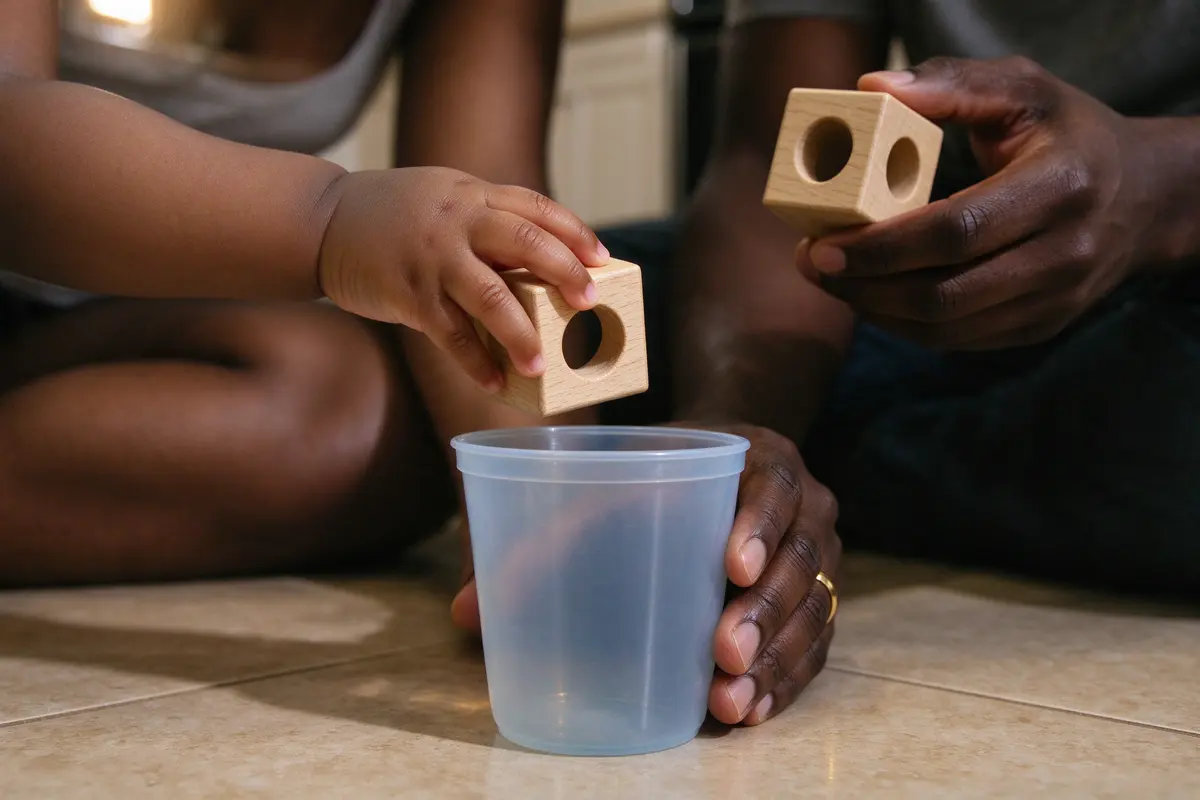 Close on the baby's hand holding a wooden block over a wide plastic cup the mother steadies on the floor, the block not yet released, the father's hand holding a second block ready.