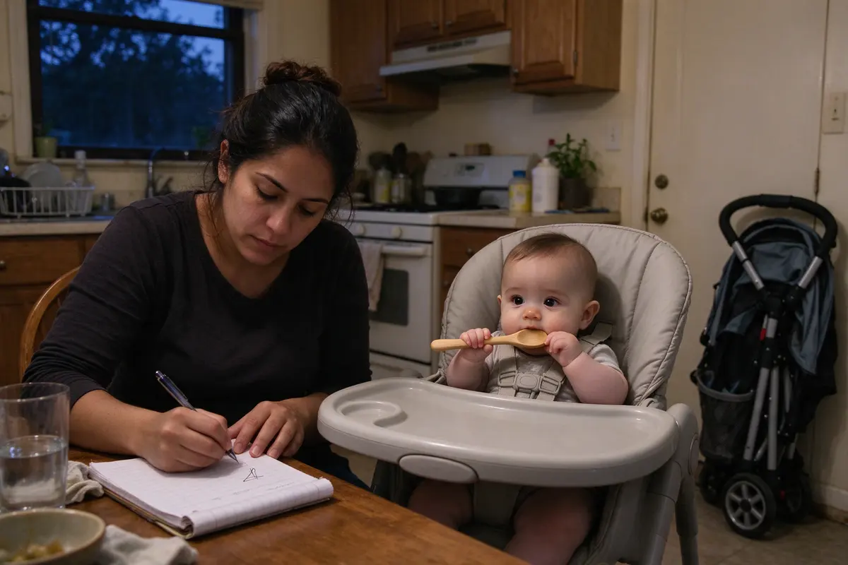 The mother at a kitchen table at dusk writing one word on a lined notepad, the baby in a buckled high chair beside her gnawing a wooden spoon, the stroller folded by the door.