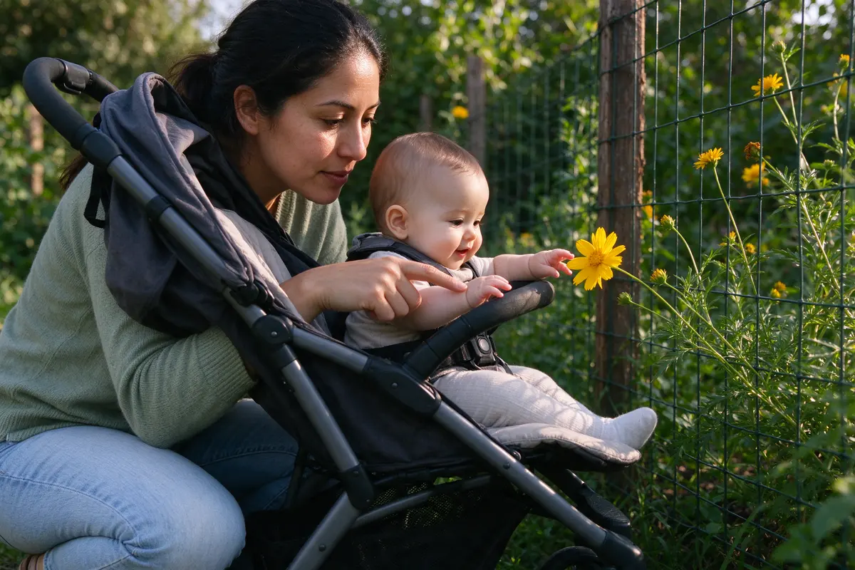 The mother crouched beside the stroller at a garden fence, her finger pointing at a yellow flower, the baby leaning forward in the harness with eyes on the flower and a hand opening toward it.