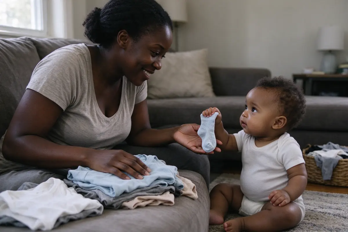 The mother folding laundry on the sofa in afternoon light, the baby on the rug beside her offering up a sock, her hand reaching down to take it with a smile.