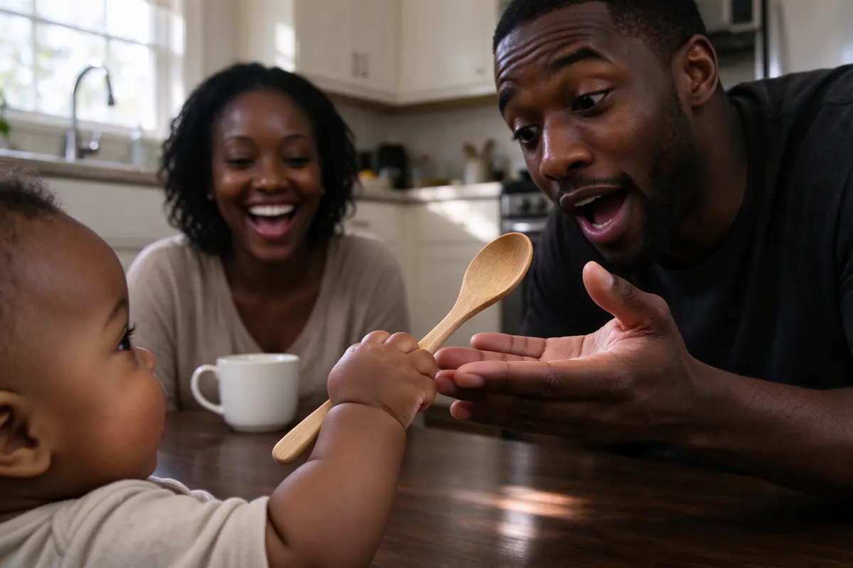 Close on the handoff: the baby's fist around the spoon handle meeting the father's open hand, his mouth open mid thank-you, the mother laughing at the counter, her mug well back from the edge.