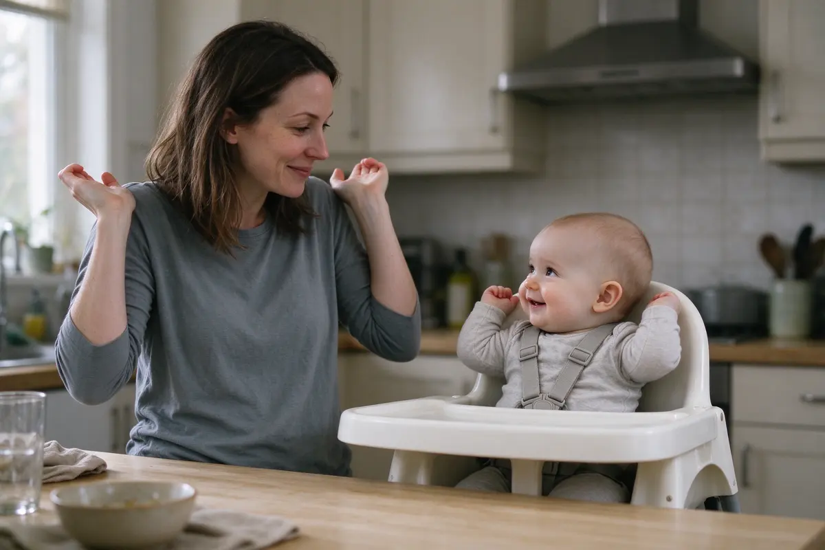 The mother caught mid-shrug at the kitchen counter, the baby in a buckled high chair beside her with shoulders hunched up in the same shrug, both looking at each other.