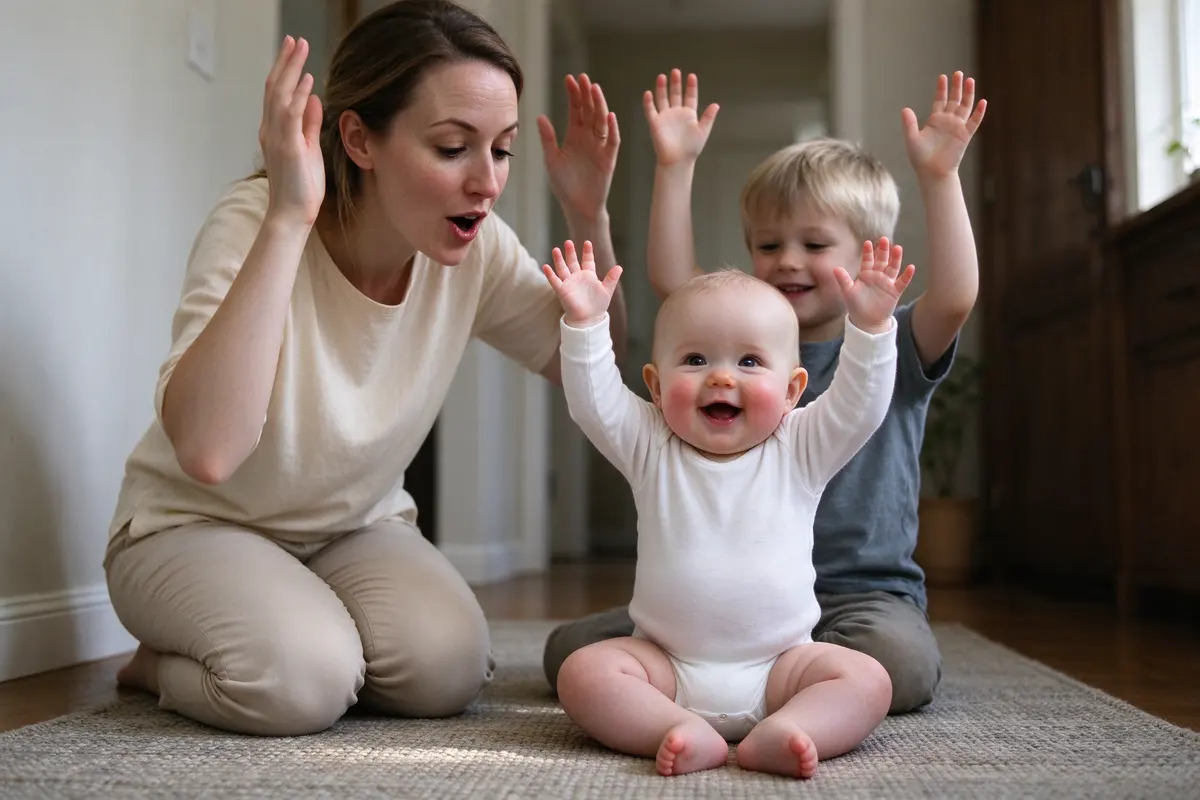 The mother kneeling on the hallway rug with her own arms raised and mouth round on a word, the baby sitting in front of her with both arms up, the sibling copying behind.