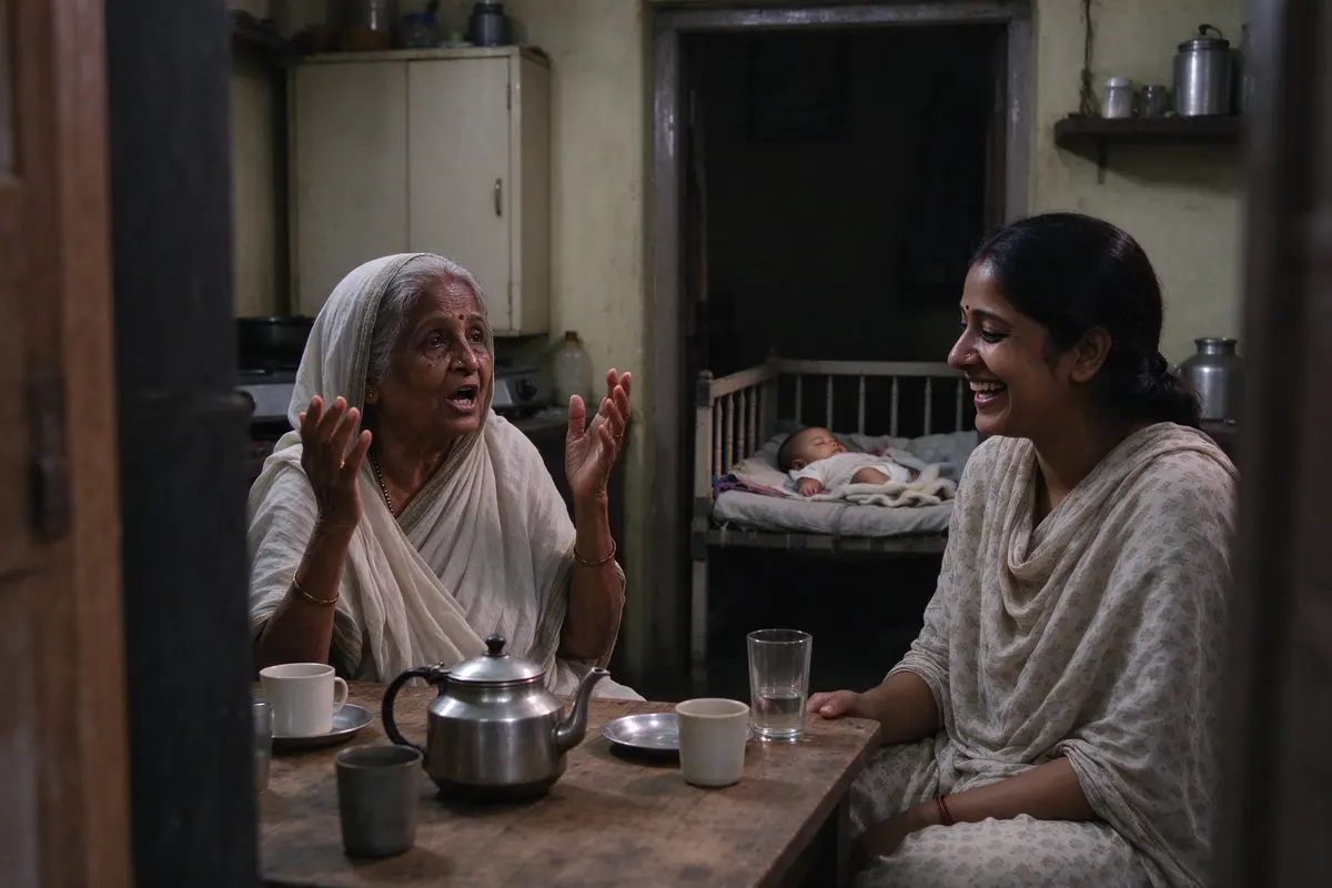 The mother and grandmother at a kitchen table over tea at dusk, the grandmother mid-sentence with her hands up, the mother laughing, the baby asleep on their back in a bare crib through a doorway.