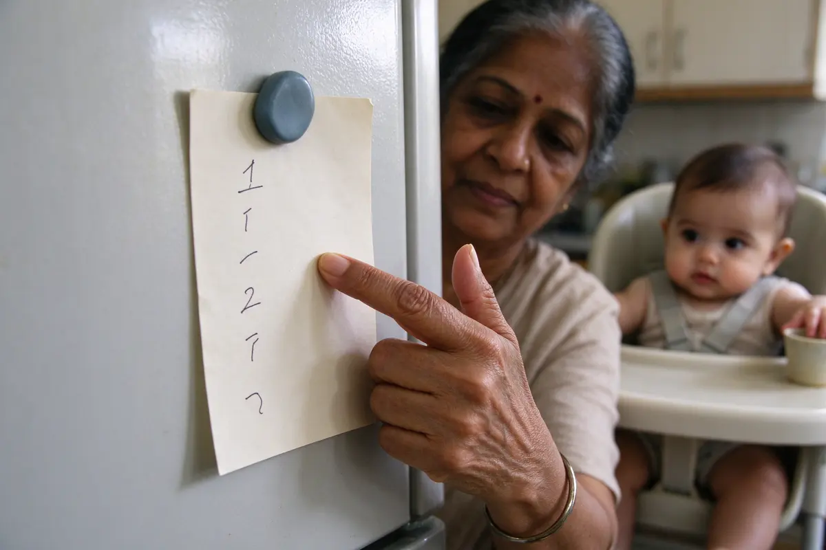Close on a fridge door with a handwritten list of five words held by a magnet, the grandmother's finger on the word 'cup,' the baby in a buckled high chair in the background reaching for one.