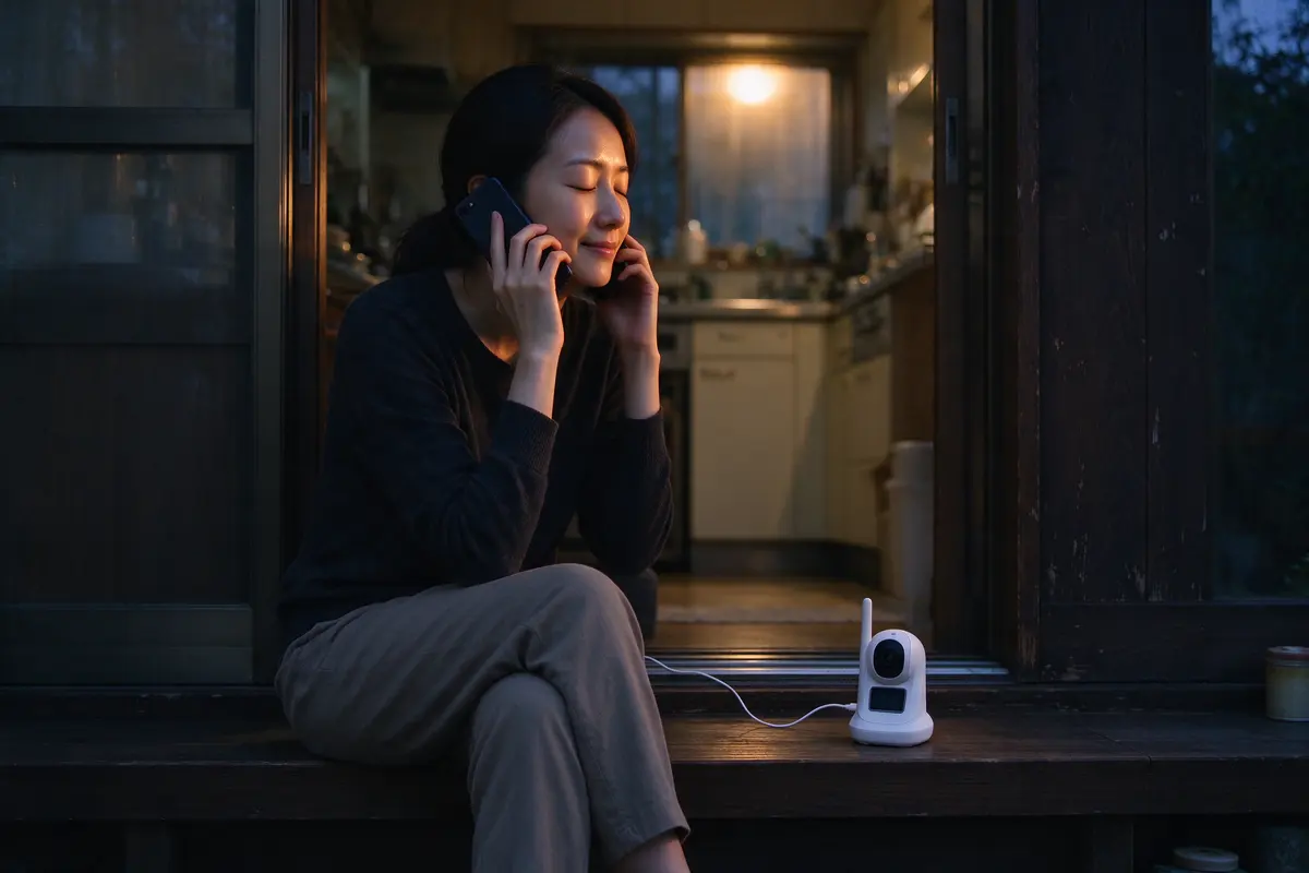 The mother on a back step at dusk with a phone to her ear, listening with her eyes closed and a small smile, the kitchen window lit behind her and the baby monitor on the step beside her.