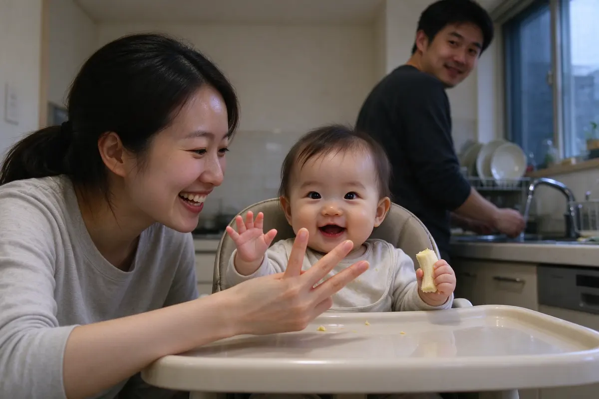 The mother holding up three fingers across the high-chair tray with a grin, the baby's hand raised toward hers, a banana piece in the other fist, the father at the sink behind them turning to look.