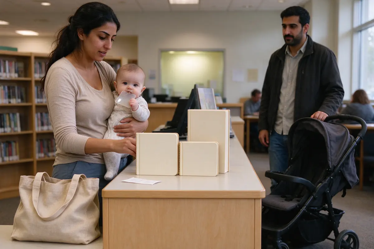 The mother at the library checkout desk with a tote bag, two board books and a paperback novel on the counter, the baby on her hip chewing a card sleeve, the father waiting with the stroller.