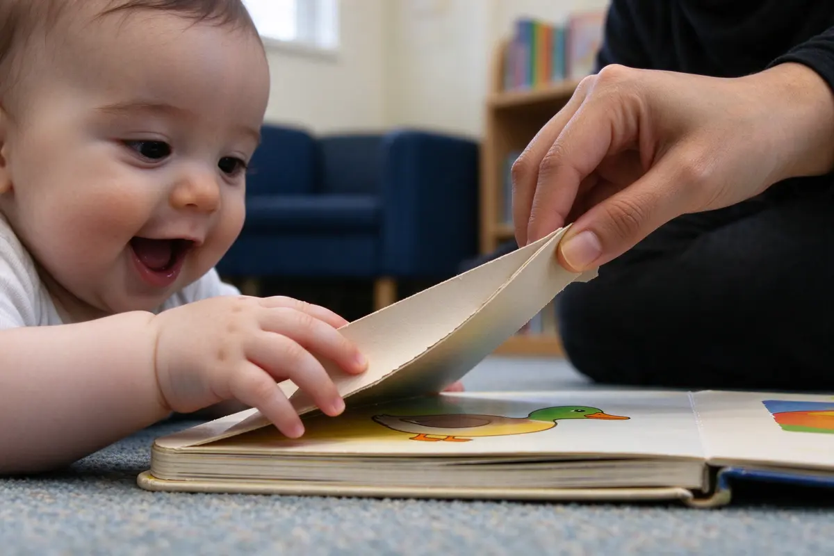Close on the baby's fingers pushing a thick cardboard page over while the mother's thumb lifts its corner, a picture of a duck appearing underneath, the baby's mouth open.