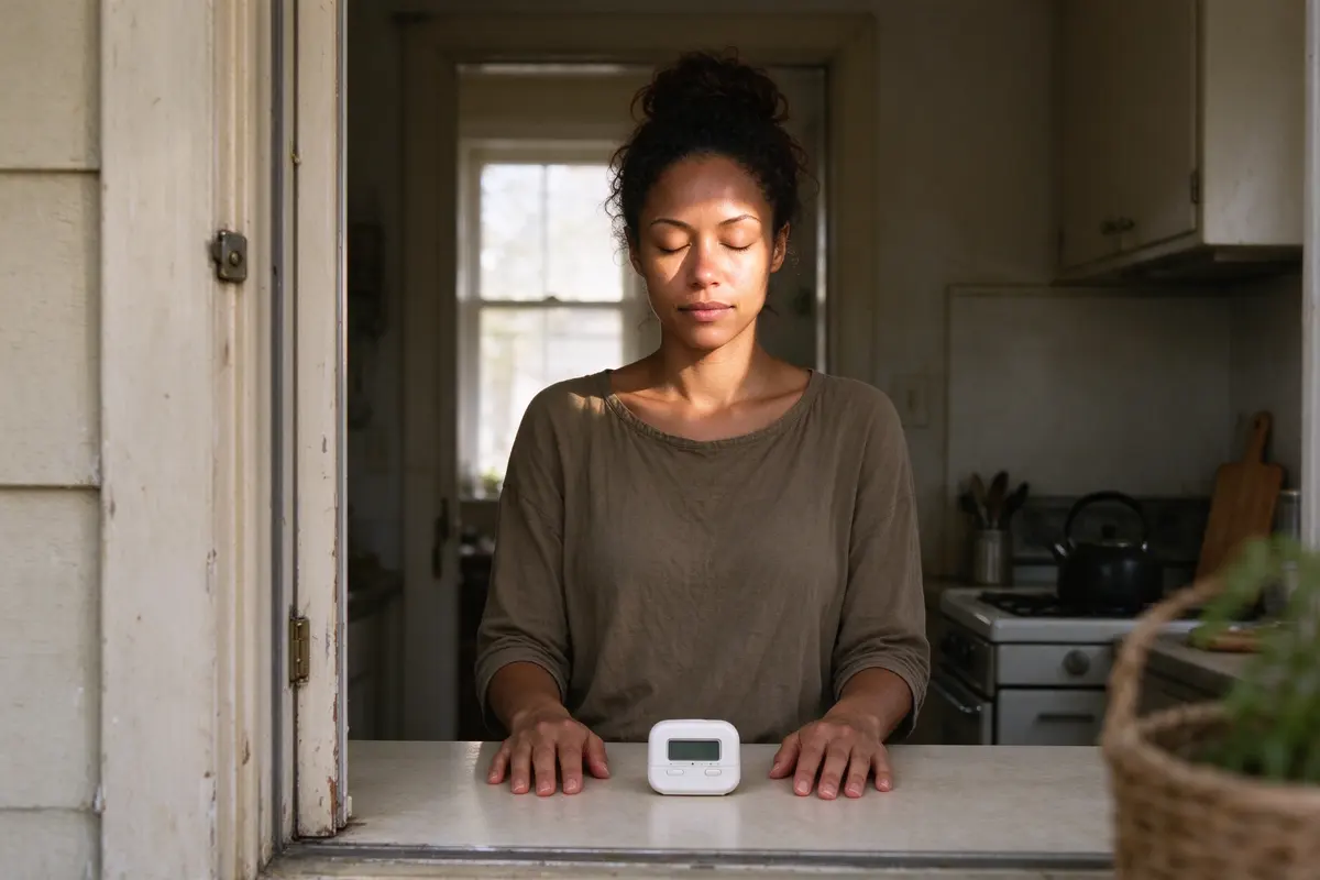 The mother standing in the kitchen with her back to the doorway, eyes closed, hands flat on the counter, the timer in front of her reading under a minute, daylight on her face.