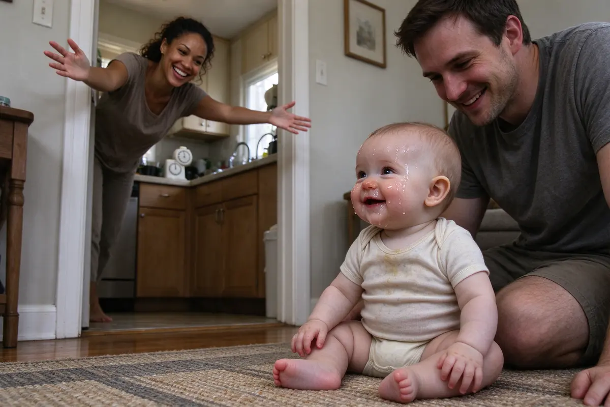 The mother in the kitchen doorway coming back with arms wide and a big smile, a kitchen timer on the counter behind her, the baby on the rug turning toward her with a wet face and a grin starting.