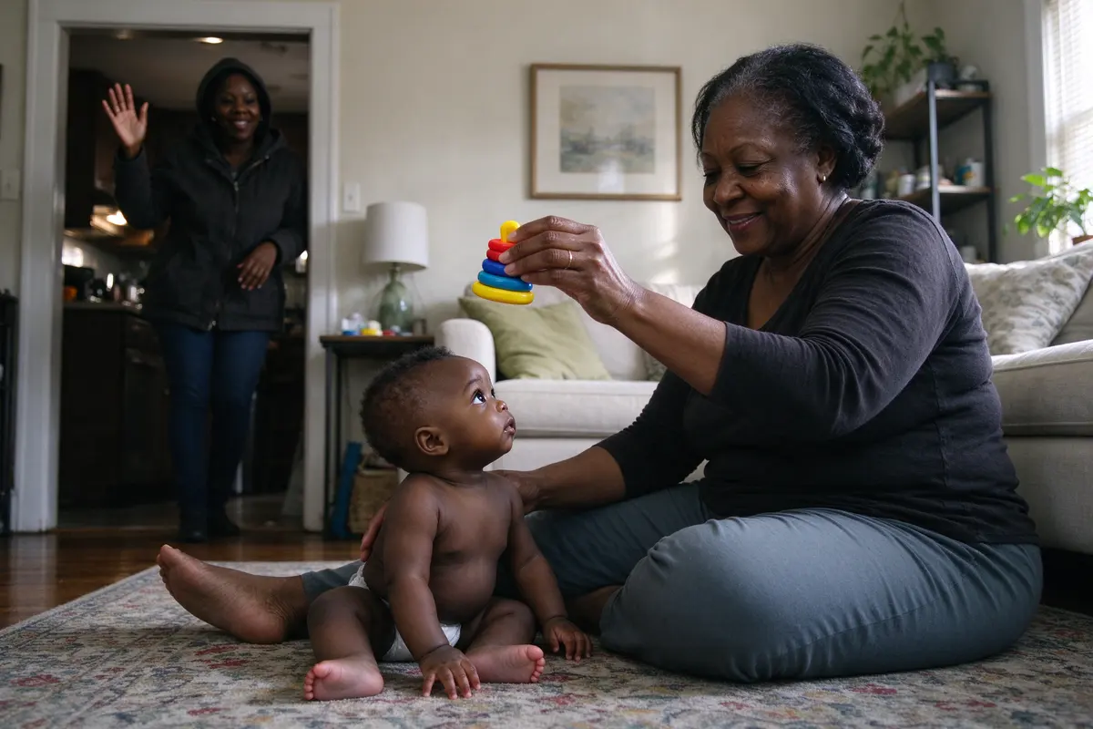 The mother in the kitchen doorway mid-wave with her coat on, the sitter on the rug holding up a stacking ring, the baby sitting between the sitter's knees looking from the ring to the door.