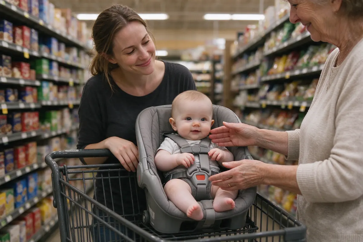 The mother in a grocery-store aisle with the baby in the cart seat buckled in, smiling and shaking her head gently at an older woman whose hands are reaching toward the baby's cheek.