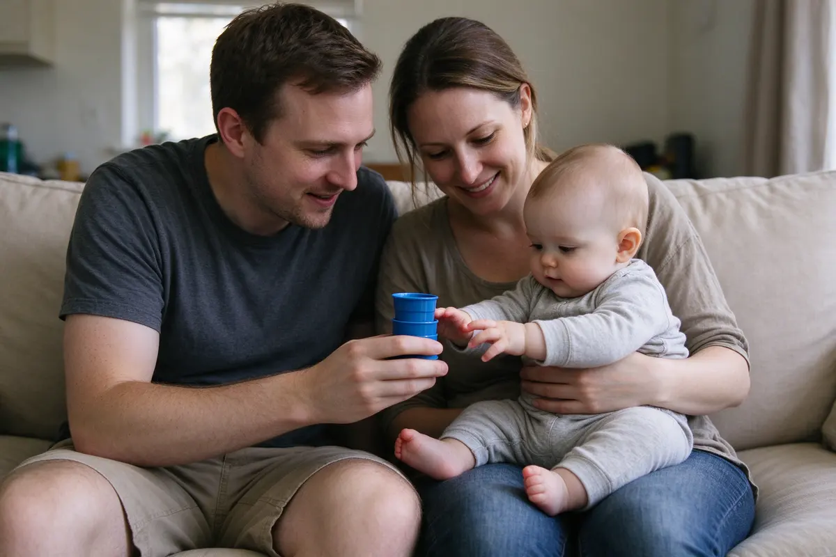 The uncle now sitting shoulder to shoulder with the mother on the sofa, the baby leaning from her lap toward the stacking cup in his hand, the mother's arm still loose around the baby's middle.