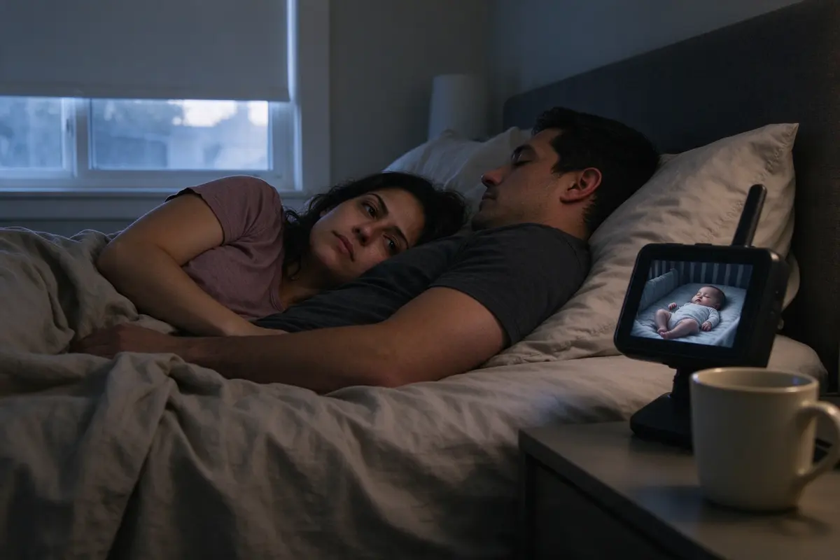 The mother in bed at dawn with the blind half open, awake, a mug on the nightstand and the monitor showing a sleeping baby on their back, the father asleep beside her.