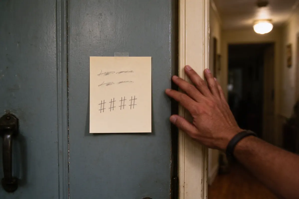 Close on an index card taped by the nursery door, two handwritten sentences on it and four tally marks below, the father's hand on the doorframe in the dim hall light.