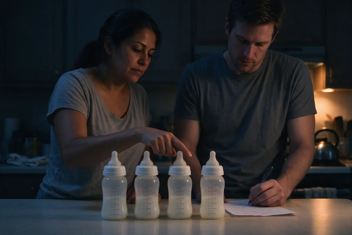 The mother and father at the kitchen counter after bedtime, four clean bottles in a row, the father writing on a sheet of paper while the mother points at the last bottle in the line.